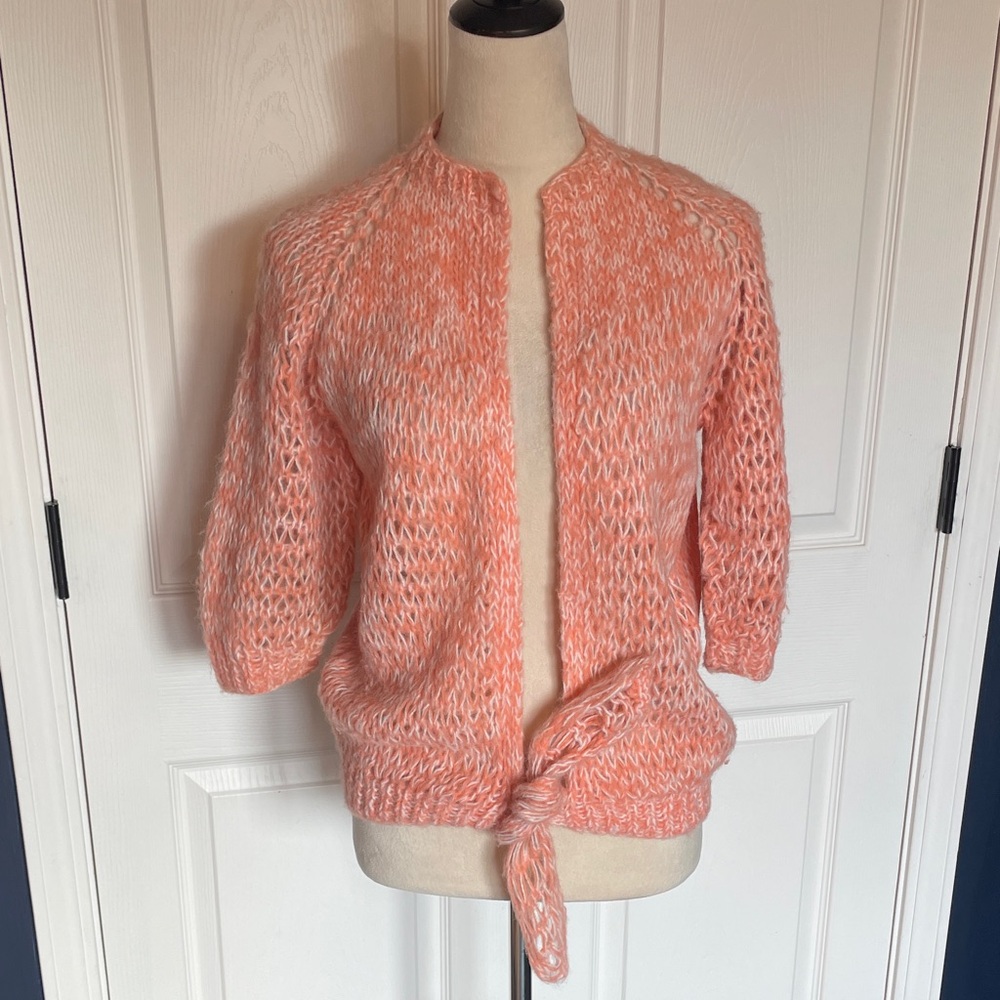 Vintage Handmade Peach Knit Tie-Front Sweater Cardigan Size Medium